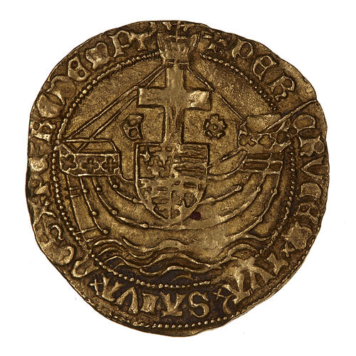 Coin, round, sailing ship bearing a shield quartered with the arms of England and France.