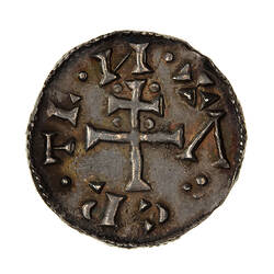 Coin, round, patriachal cross with the letters of the name CNVT at the ends of the main arms.