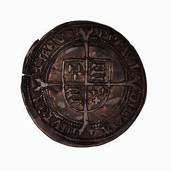 Coin, round, Royal shield, quartered with the arms of England and France, on a cross fourchee; text around.