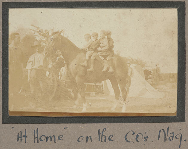 Four young boys are sitting upon a horse, two men to the left of horse, one is holding the horses lead.