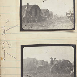 Two photos, row of corrugated iron huts and row of buts with soldiers and cart