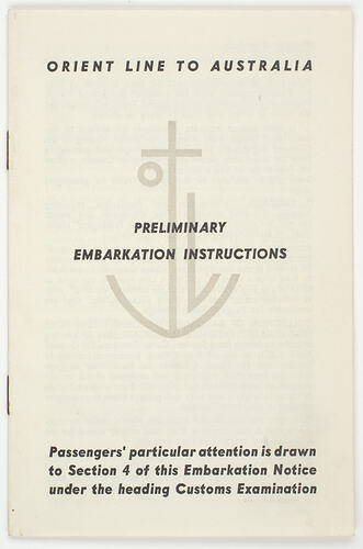 Booklet - Orient Line to Australia, Preliminary Embarkation Instruction