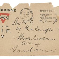 Envelope - Melbourne YMCA & AIF to Miss E. Kemp, 10 Feb 1928