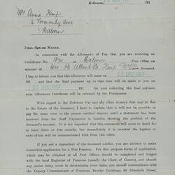 Letter - Australian Military Forces, 3rd Military District Pay Office, 14 Nov 1917
