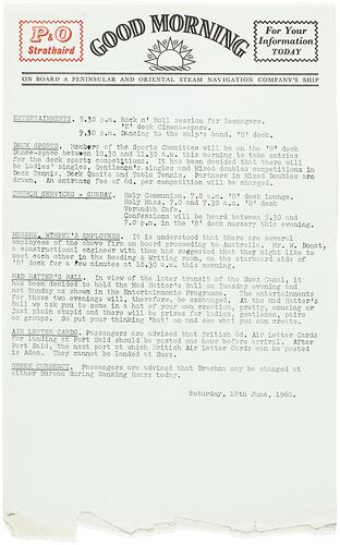 Newsletter - 'Good Morning', P&O Lines, Strathaird, 18 Jun 1960