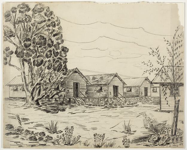 Drawing - Exterior of Huts, Tatura Internment Camp, Karl Muffler, 1942