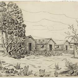Drawing - Exterior of Huts, Tatura Internment Camp, Karl Muffler, 1942