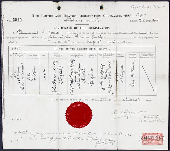 Birth Certificate - John William Gordon-Kirkby, Gibraltar, 26 Aug 1936