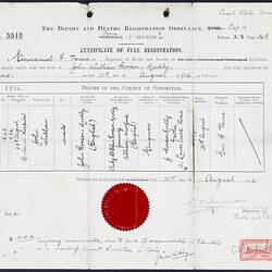 Certificate - Registration Of Birth, John William Gordon-Kirkby, Gibraltar, 26 Aug 1936
