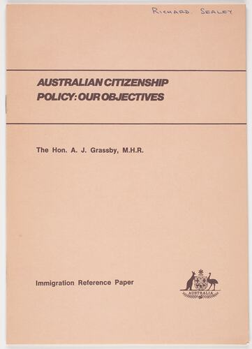 Booklet - A. J. Grassby, 'Australian Citizenship Policy