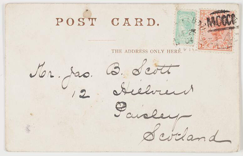 Postcard - Town Hall, Sydney, To Jas. B. Scott from Marion Flinn, Melbourne, 29 Jun 1904