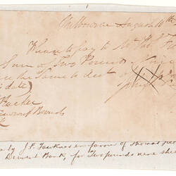 Cheque - 2 Pounds & 9 Shillings, John Pascoe Fawkner, Derwent Bank, Melbourne, Victoria, Australia, 10 Aug 1838