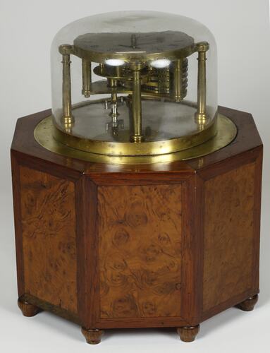 Brass clock under glass dome, supported by wooden octagonal box with door. Front view.