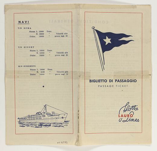 Passage Ticket - Flotta Lauro Lines, SS Sydney, Issued to Remigio, Anthony & Joseph Scicluna