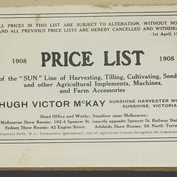 Price List - H.V. McKay, Victoria and Riverina, 1908