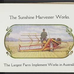 Catalogue for farm machinery with rustic scene.
