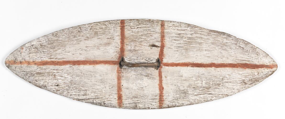 Shield, white with red line details.