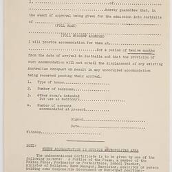 Form - Accommodation Guarantee, Department of Immigration, 1950s