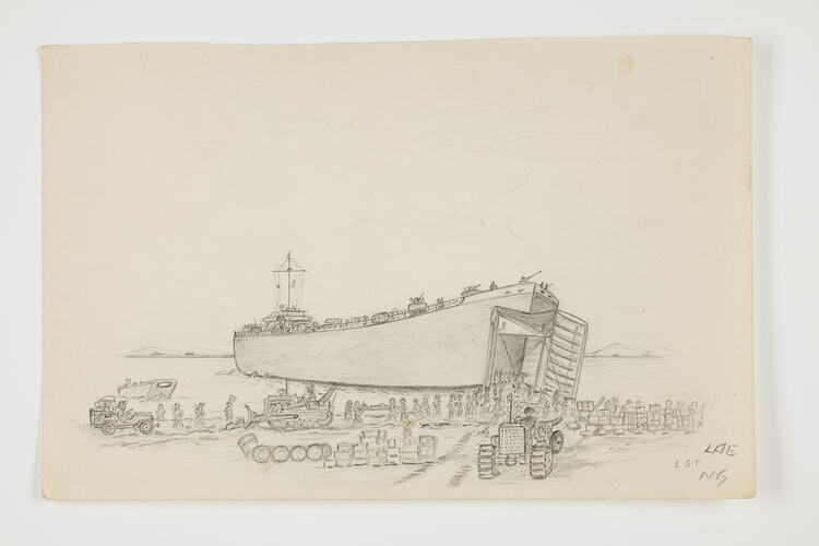 Drawing of a landing ship on a beach with people and vehicles unloading goods, on off-white paper.