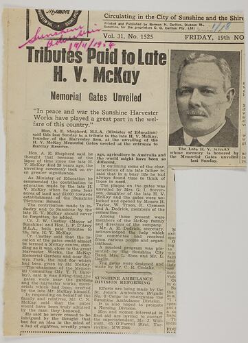 Newspaper Cutting - Sunshine Advertiser, Tributes Paid To Late H.V. McKay, 19 Nov 1954