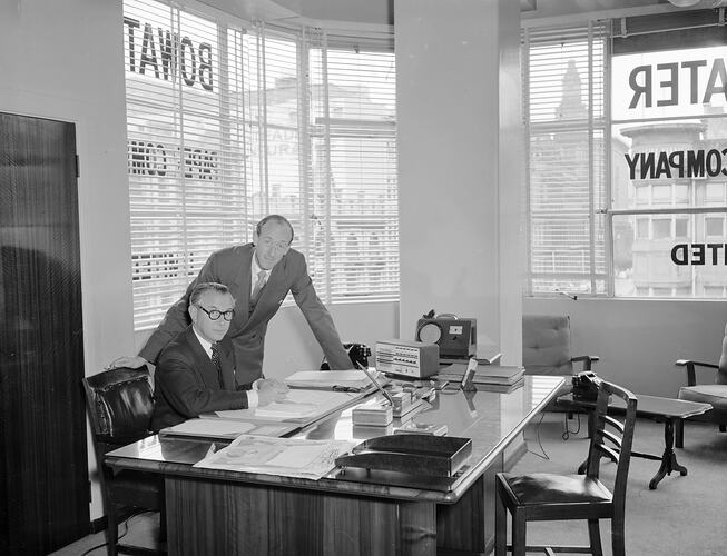 Bowater Paper Co, Two Workers in Office, Melbourne, Victoria, Nov 1954