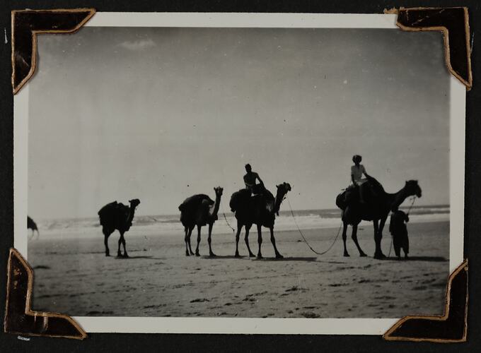 Four camels lead by a man walking in line along beach, first two camels carrying riders.