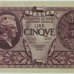 Bank Note - 5 Lire, Italy, 1944