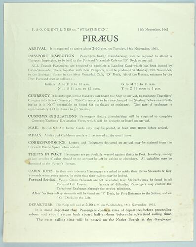 Notice - 'Piraeus', SS Stratheden, 12 Nov 1961