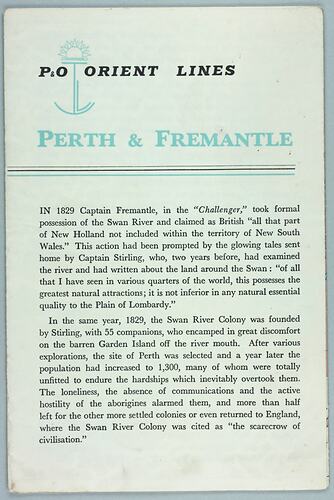 Brochure - 'P&O Orient Lines, Perth & Fremantle', England, July 1961