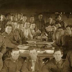 Photograph - Australian Servicemen at Mess Table in Hut, 24th Battalion,18th Reinforcements, World War I, 1917