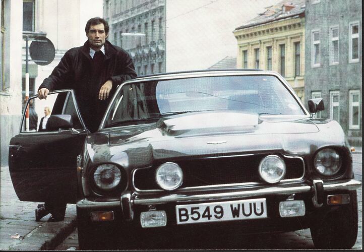 Postcard - James Bond (Timothy Dalton) with Aston Martin Car, 1987