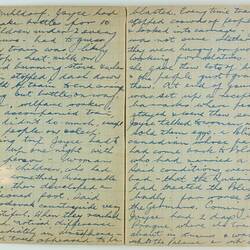 Open book, 2 cream pages with faint grid pattern. Cursive handwritten text in blue ink. Page 2 and 3.