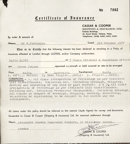 Insurance Certificate - Cassar & Cooper Ltd, Issued to Herbert Portanier, Malta, 3 Oct 1979