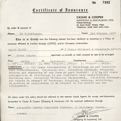 Insurance Certificate - Cassar & Cooper Ltd, Issued to Herbert Portanier, Malta, 3 Oct 1979