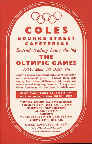 Leaflet - Coles Bourke Street Cafeterias, The Olympic Games Extended Opening Hours, 1956