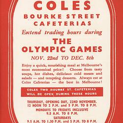 Leaflet - Coles Bourke Street Cafeterias, Extended Opening Hours, Olympic Games, 1956
