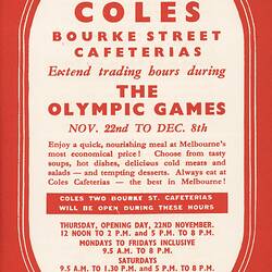 Leaflet - Coles Bourke Street Cafeterias, The Olympic Games Extended Opening Hours, 1956