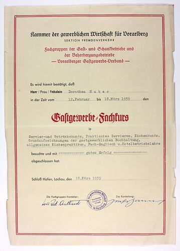 Training Certificate - Schloss Hofen Restaurant, Voralberg, Austria, Dorothea Huber, 18 Mar 1959