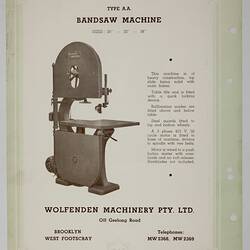 Illustrated with bandsaw machine and descriptive printed text.