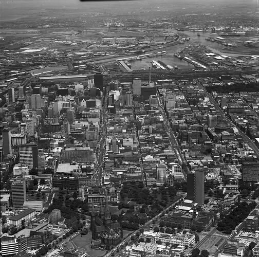 Monochrome aerial photograph of Melbourne.