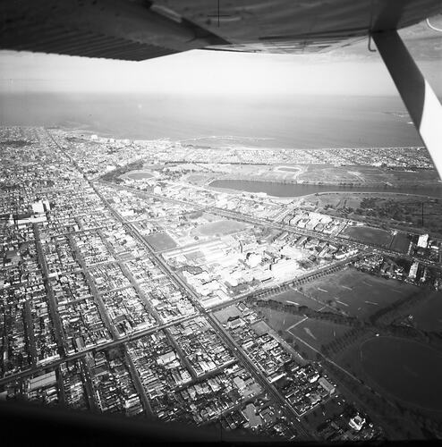 Monochrome aerial photograph of Melbourne.