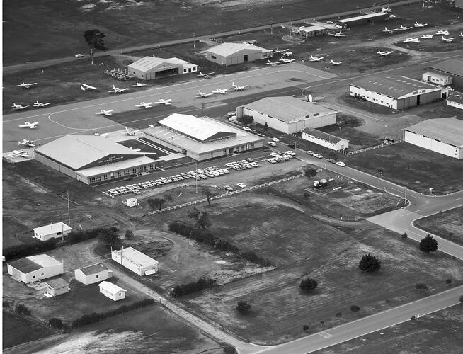 Monochrome aerial photograph of Moorabbin airport.