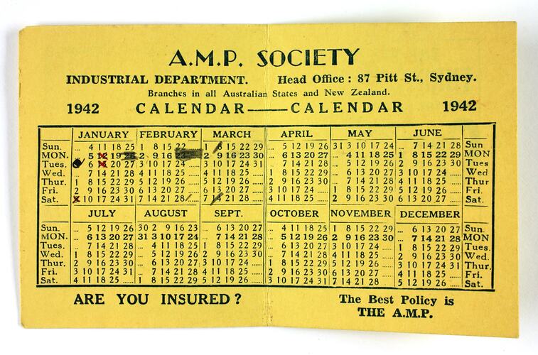 Yellow calendar with black printing