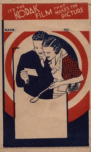 Folder featuring illustration of couple looking at photograph.