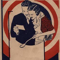 Folder featuring illustration of couple looking at photograph.