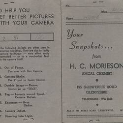Film Wallet - 'Your Snapshots from H.C. Morieson', 07 Dec 1953