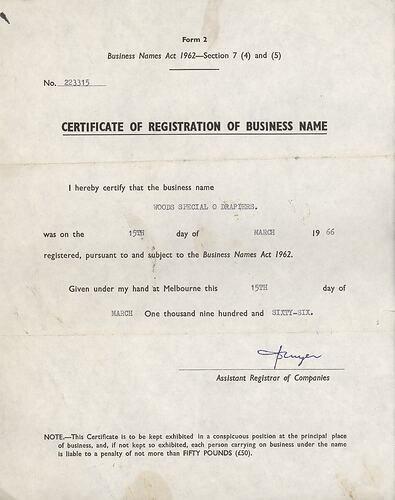 Business Registration Certificate - Woods Special O Drapiers, Lalor, John & Barbara Woods, 15 Mar 1966