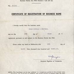 Business Registration Certificate - Woods Special O Drapiers, Lalor, John & Barbara Woods, 15 Mar 1966