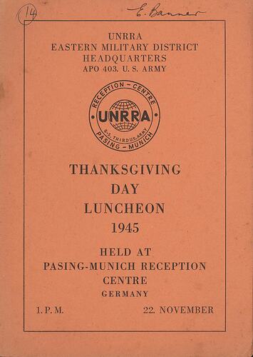 Menu - UNRRA Thanksgiving Luncheon, Munich Reception Centre, Pasing, Germany, 22 Nov 1945
