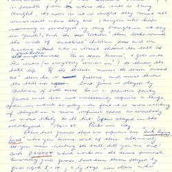 Second page of a handwritten letter in blue ink on lined paper; three pages with text printed on both sides of